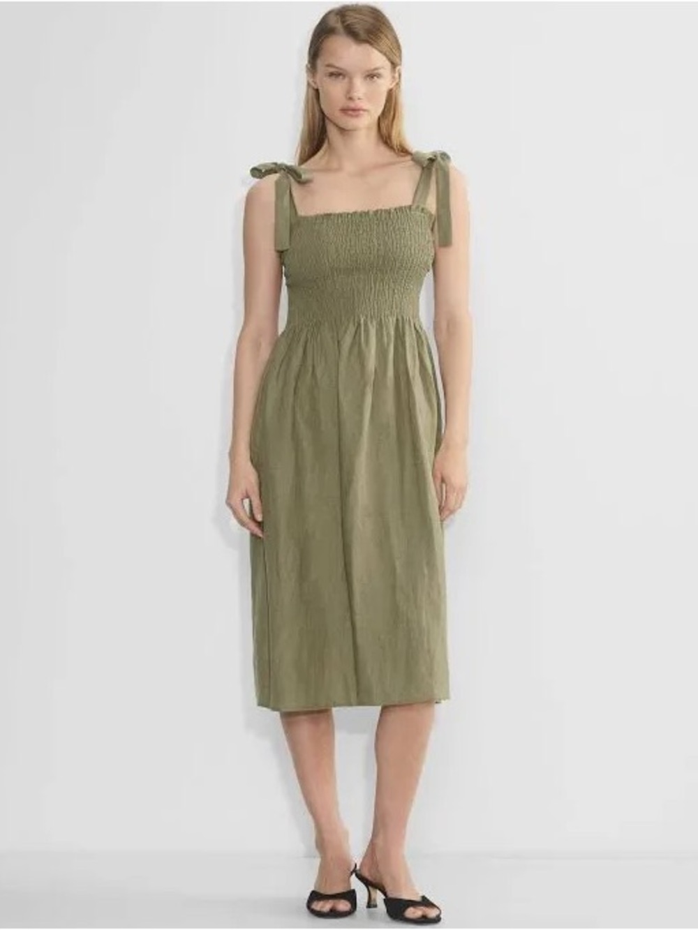 Aritzia Olive Tie-Shoulder Smocked Midi Dress